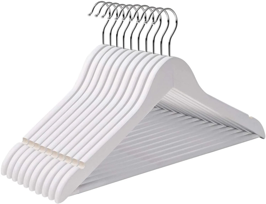 Set di 10 grucce in legno d'acero con strisce antiscivolo design ergonomico dimensioni 44,5 cm gancio girevole bianco 12_0000005