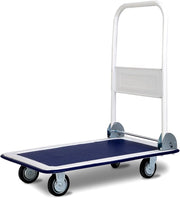 Carrello Pieghevole per Trasporto, Carrello Pieghevole con Piattaforma con Ruote Girevoli a 360°, Capacità di Peso 150 kg, per Garage, Magazzino (Blu + Bianco)
