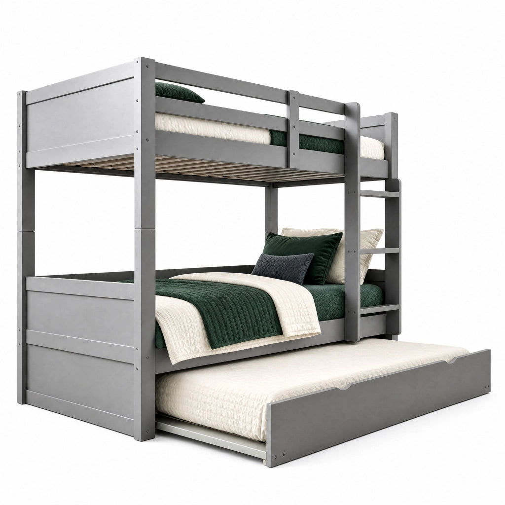 Letto a castello 90x200 cm in legno grigio con letto estraibile; scala e sbarre di sicurezza