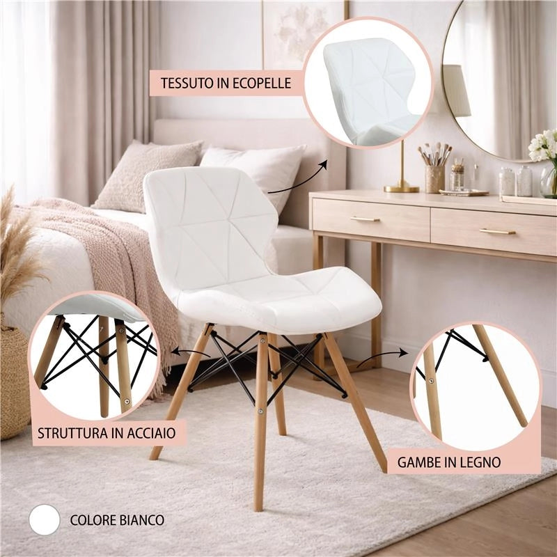 SET 6 SEDIE ANNAPOLIS MODERNA IN ECOPELLE E LEGNO BIANCA 41 X 49 X H71 CM