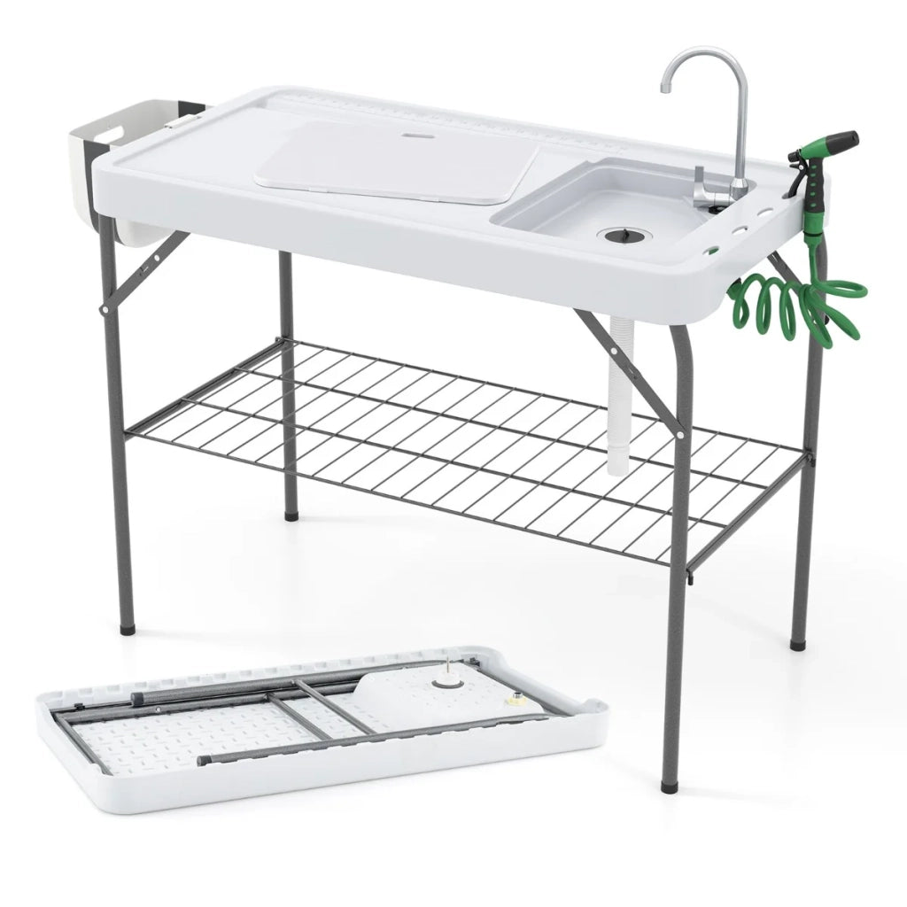 Tavolo pieghevole per la pulizia del pesce 107,5 x 57,5 ​​x 86,5 cm sistema di drenaggio impermeabile porta sacco in HDPE bianco 20_0014018