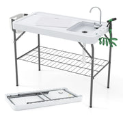 Tavolo pieghevole per la pulizia del pesce 107,5 x 57,5 ​​x 86,5 cm sistema di drenaggio impermeabile porta sacco in HDPE bianco 20_0014018