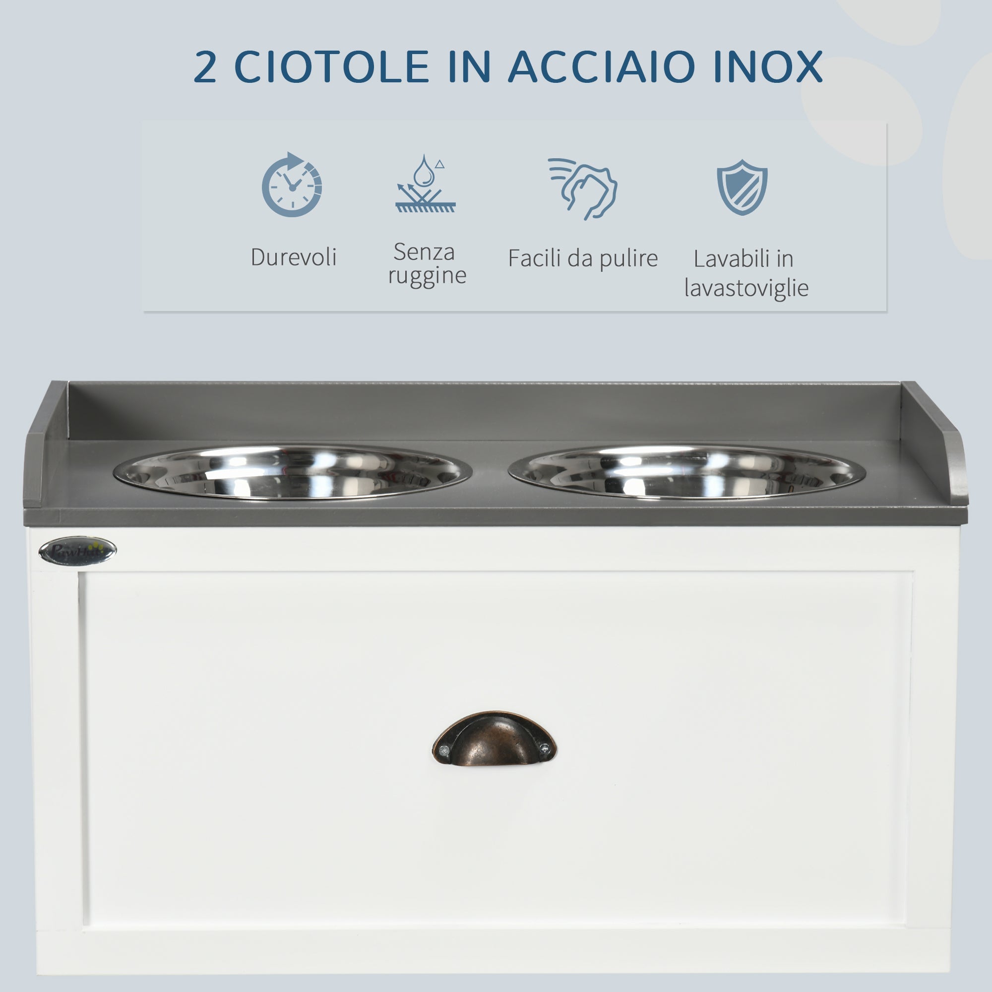 Ciotole per Cani Rialzate 60x30x36 cm con Cassetto in Acciaio Inox e Legno Bianco e Grigio