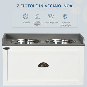 Ciotole per Cani Rialzate 60x30x36 cm con Cassetto in Acciaio Inox e Legno Bianco e Grigio