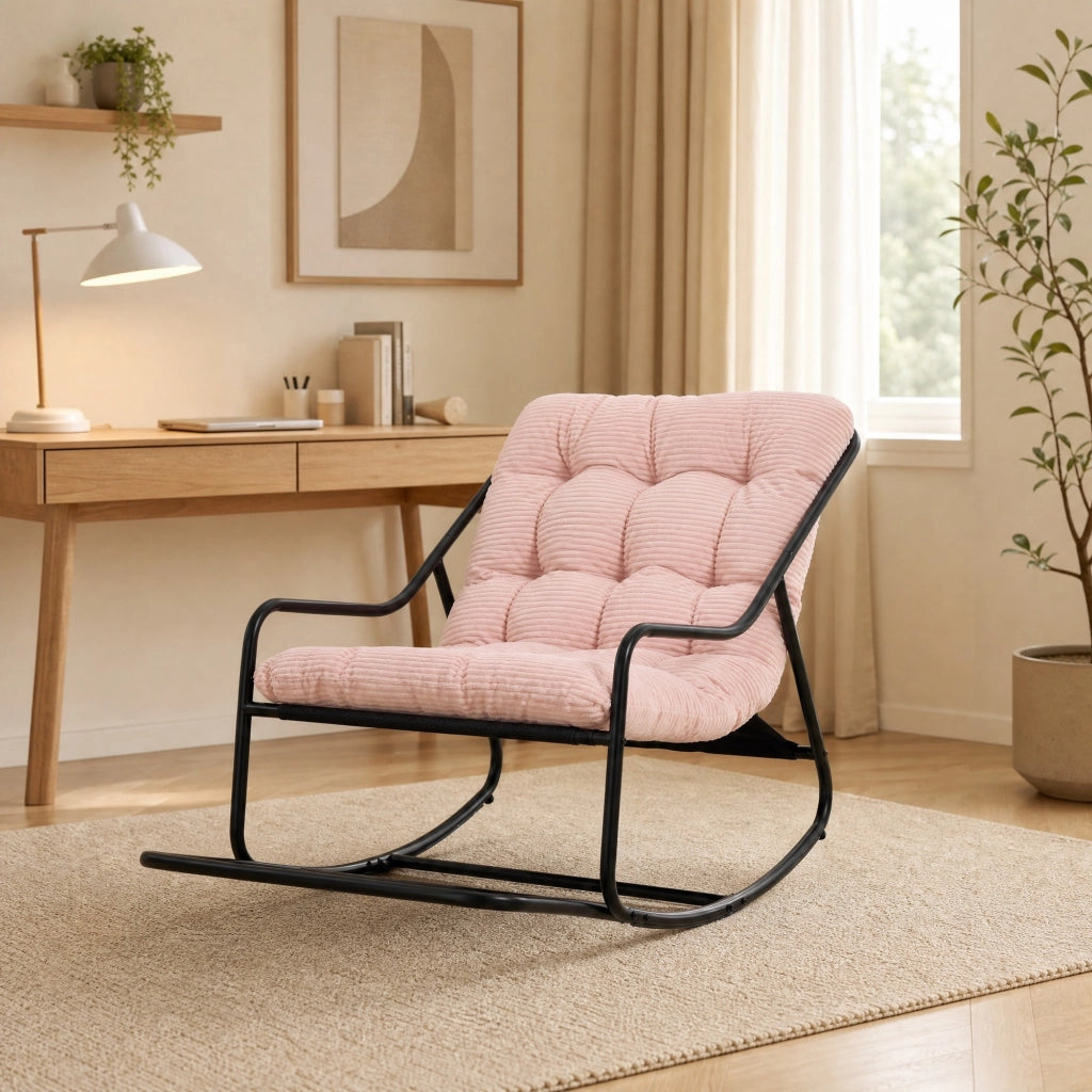 Poltrona a dondolo da esterno 75x116x82 cm in acciaio con struttura nera e cuscino rosa