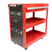 Carrello metallico su ruote con 3 ripiani, supporti e cassetto per attrezzi 660x360x730mm.