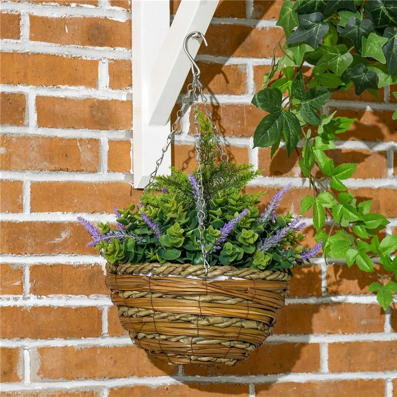 SET 2 PIANTE FINTE DI LAVANDA CON VASO E GANCIO IN PE E VIMINI Ø 25X34 CM VERDE E VIOLA