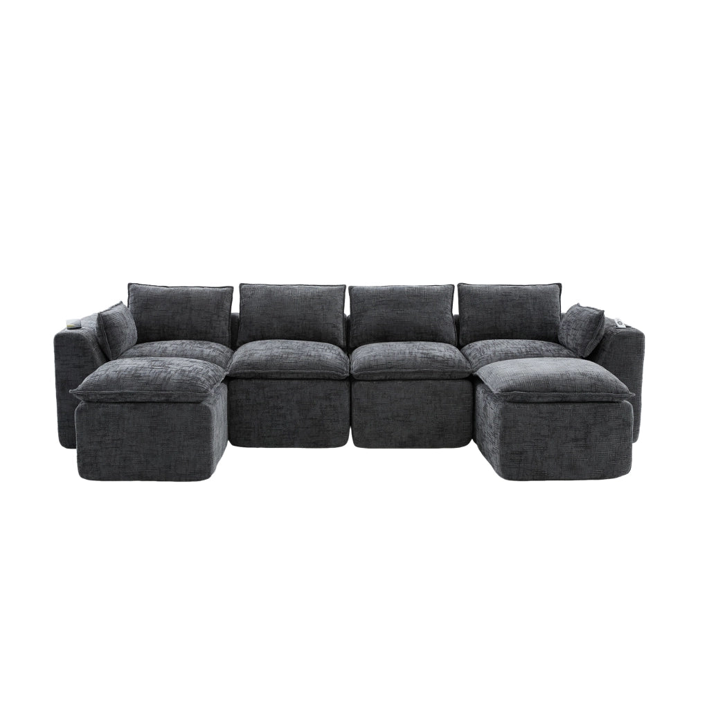 Divano modulare componibile 322x161x75 cm in chenille grigio scuro; con tasche laterali e cuscini