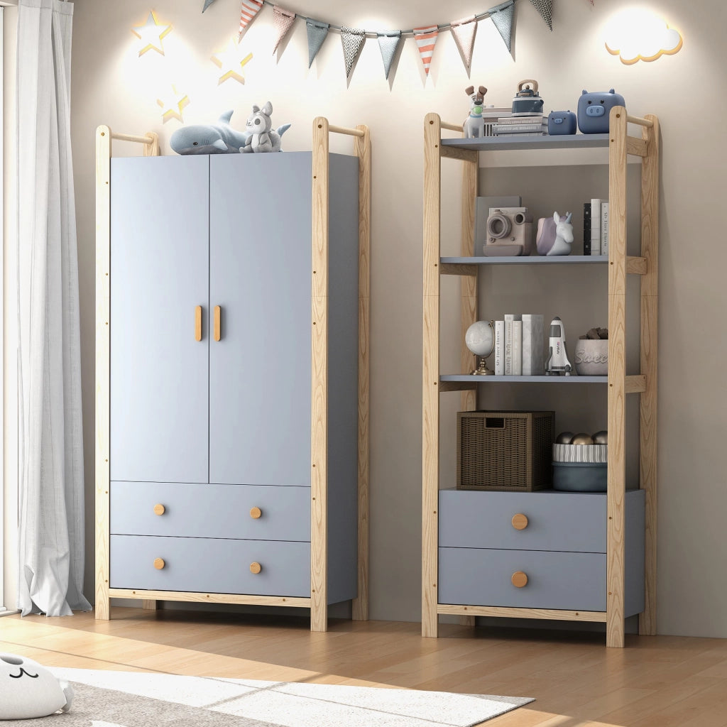 Armadio con 2 ante, 2 cassetti e appendiabiti, con libreria a 3 ripiani, in legno e MDF, per camera e ingresso