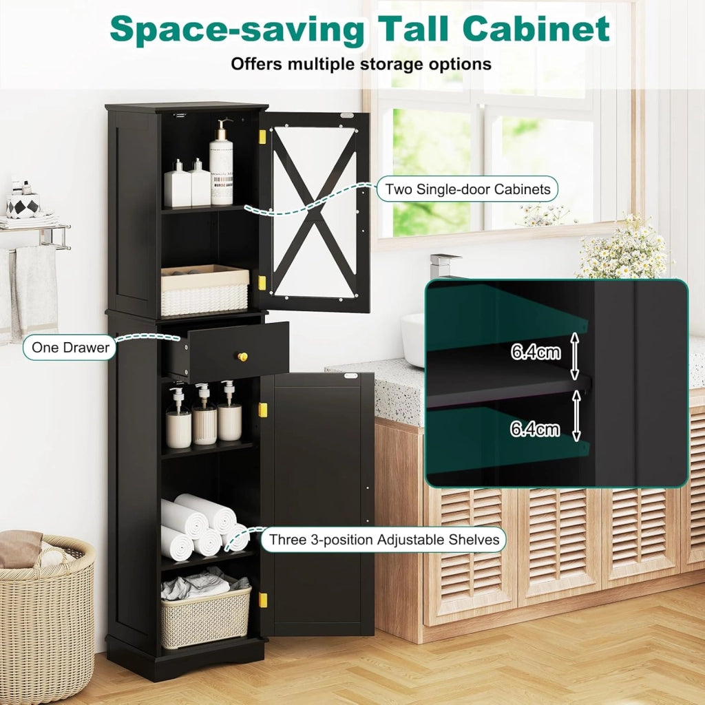 Armadietto da bagno, sottile con 2 ante, 1 cassetto e 3 ripiani regolabili, 40 x 30 x 168 cm, per cucina, soggiorno, bagno, ufficio (nero)