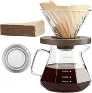 Zucchero e caffè filtro a infusione per caffè a filo 600 ml caraffa in vetro borosilicato con 100 filtri V02 in carta - macchina da caffè a filo con manico di noce - per uso domestico, caffetteria, ristorante, campeggio - 3 tazze