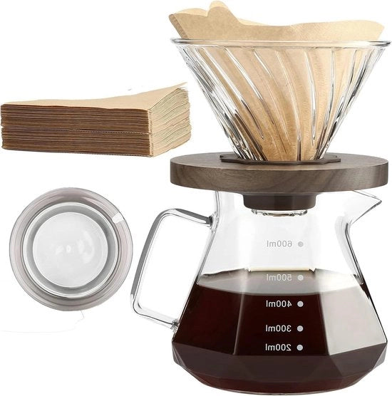 Zucchero e caffè filtro a infusione per caffè a filo 600 ml caraffa in vetro borosilicato con 100 filtri V02 in carta - macchina da caffè a filo con manico di noce - per uso domestico, caffetteria, ristorante, campeggio - 3 tazze