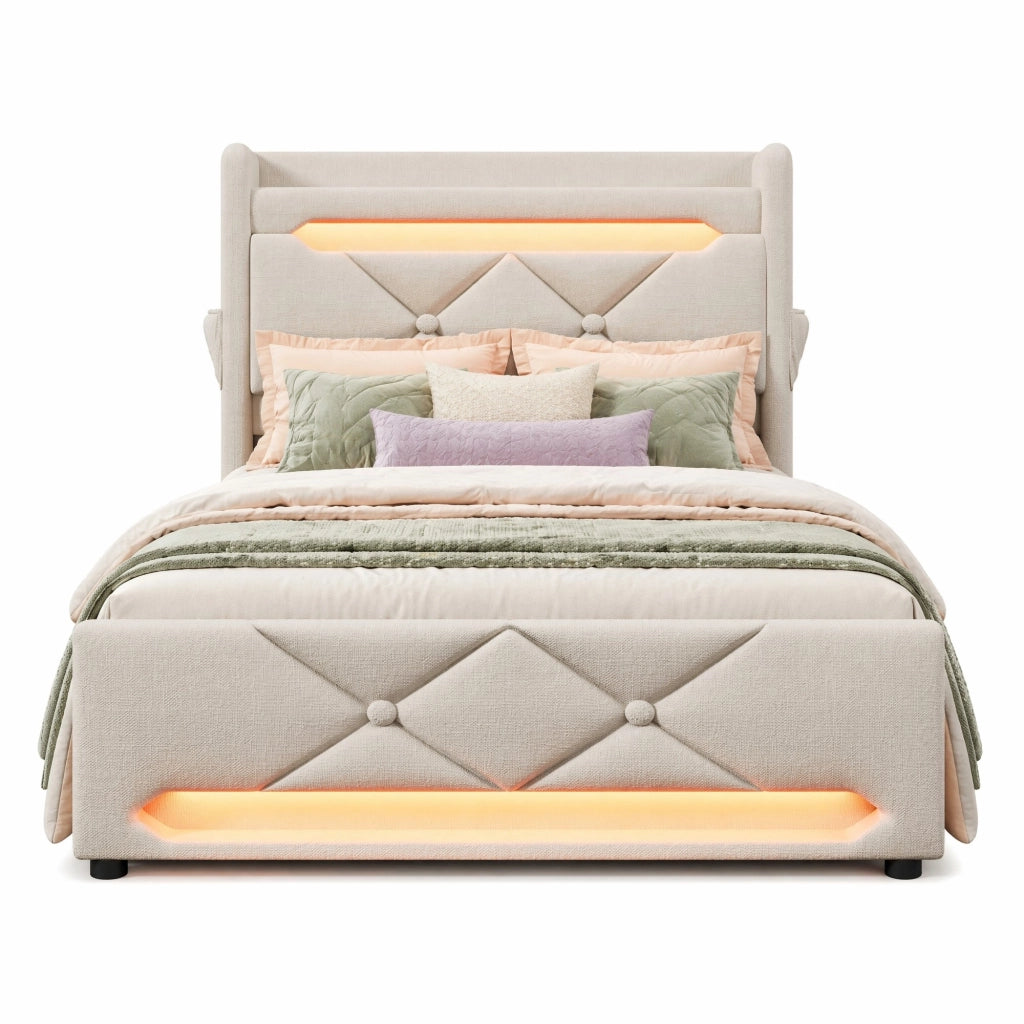 Letto singolo imbottito 90x200 cm con materasso, LED 360°, testiera con USB e vano contenitore, beige