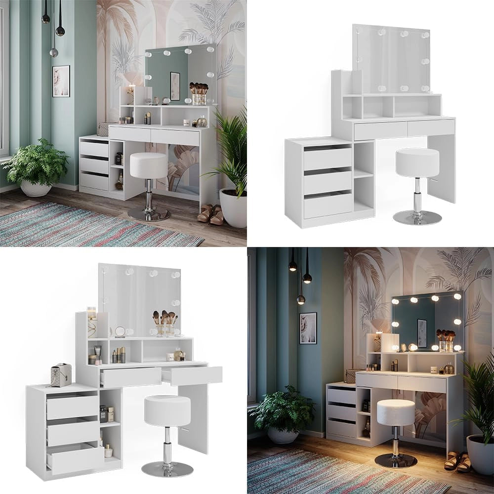 Tavolo da toeletta Anja, Bianco, 139.8 cm con illuminazione a LED e sgabello, Cassetti per organizzare nel disordine