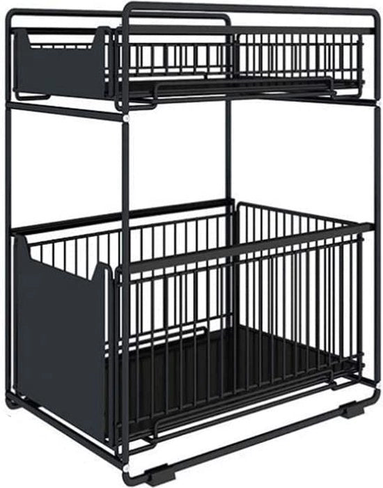 Sostegno per lavabo, cassettiera, flessibile, supporto per lavastoviglie, ripiano per cucina, griglia a due piani, mobile a due cassetti estensibili, cassetto (nero, 37,4 x 20 x 44 cm)