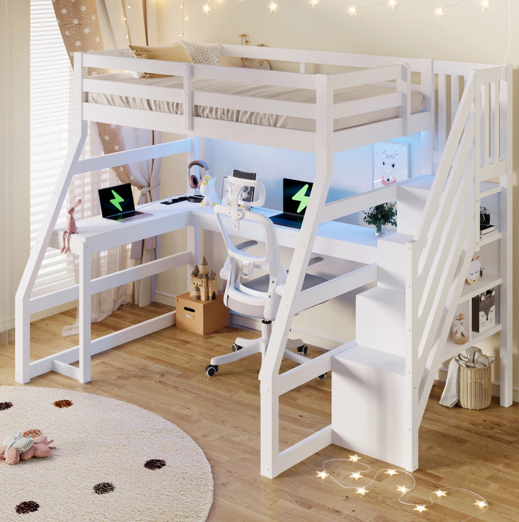 Letto a soppalco 90x200 cm con scrivania, LED e scala contenitore