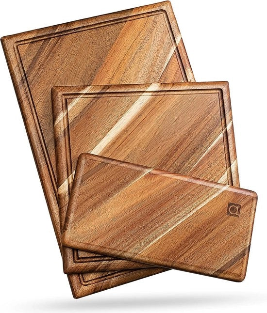 Set di taglieri con foro a sapo (3 pezzi) - taglieri in legno di acacia di lusso, tagliere per carne (blocco di burro), verdure, formaggio - legno di bosco naturale del 100%