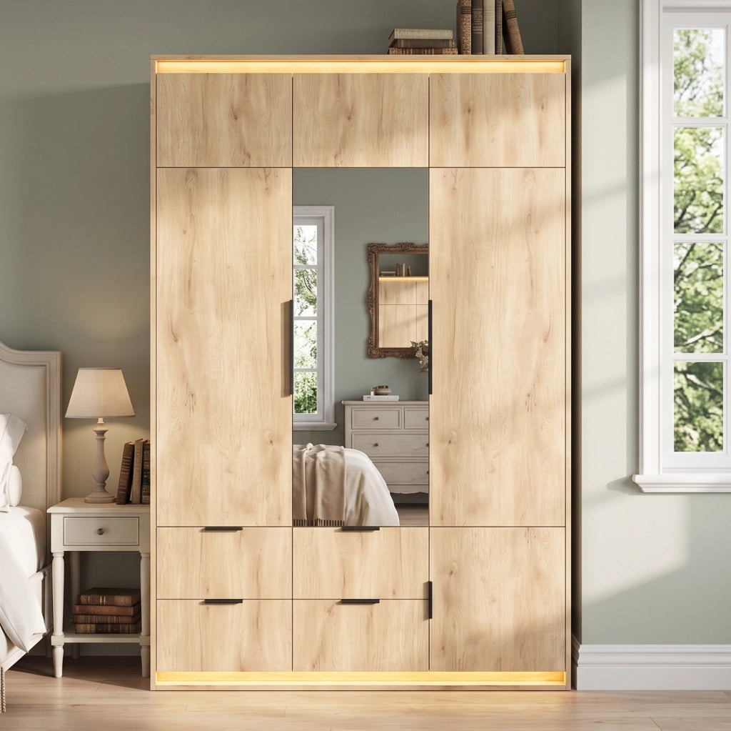 Armadio a 3 ante con specchio; LED; 4 cassetti e 135 x 47 x 200 cm in MDF