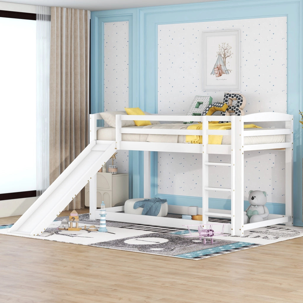 OKWISH Letto a Castello 90×200 cm, Letto Singolo con Scivolo e Scala Reversibile, senza Materasso, in Pino, Bianco