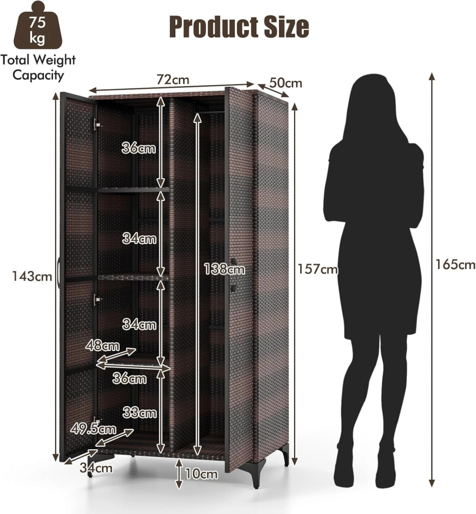 Armadio da giardino in rattan, con 5 ripiani e mensola sospesa, armadio per attrezzi con doppie porte, 72 x 50 x 157 cm (marrone misto)