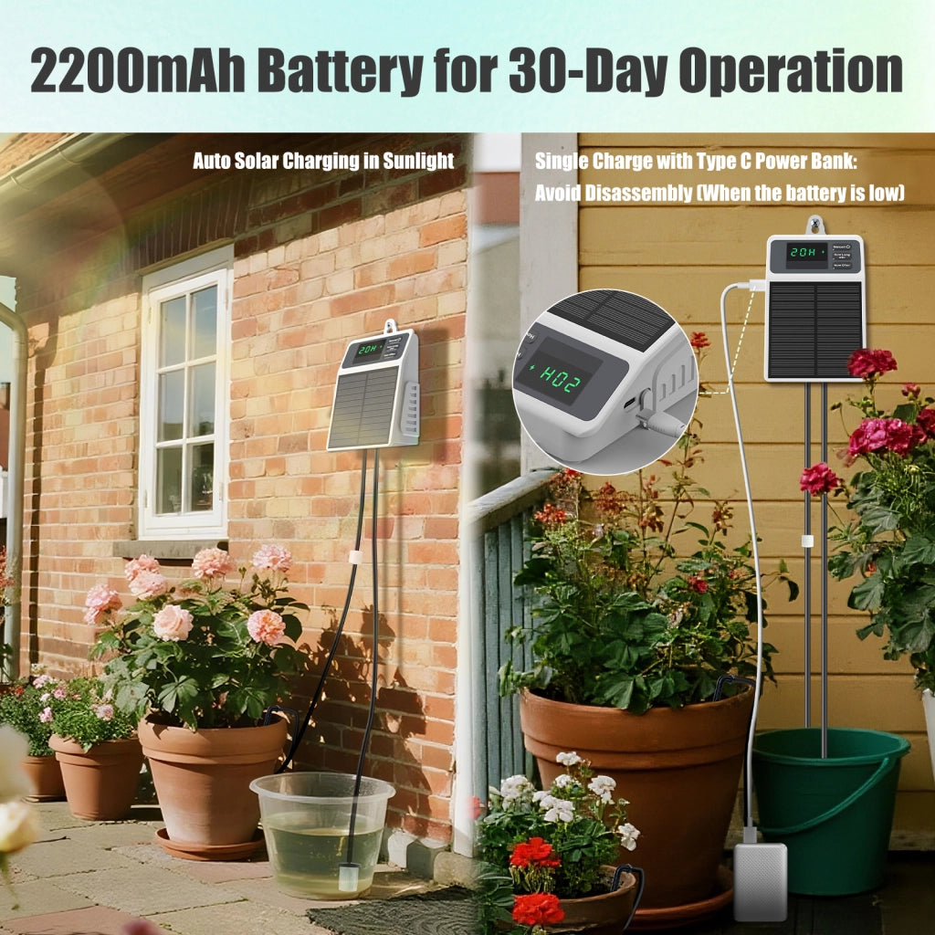 Kit irrigazione automatica solare programmabile per 10 piante in vaso batteria 2200mAh impermeabile IPX5 tubo resistente ai raggi UV Bianco