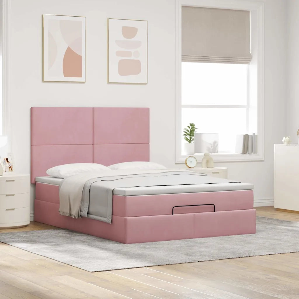 Struttura Letto Pouf con Materassi Rosa 140x190 cm in Velluto 3314251