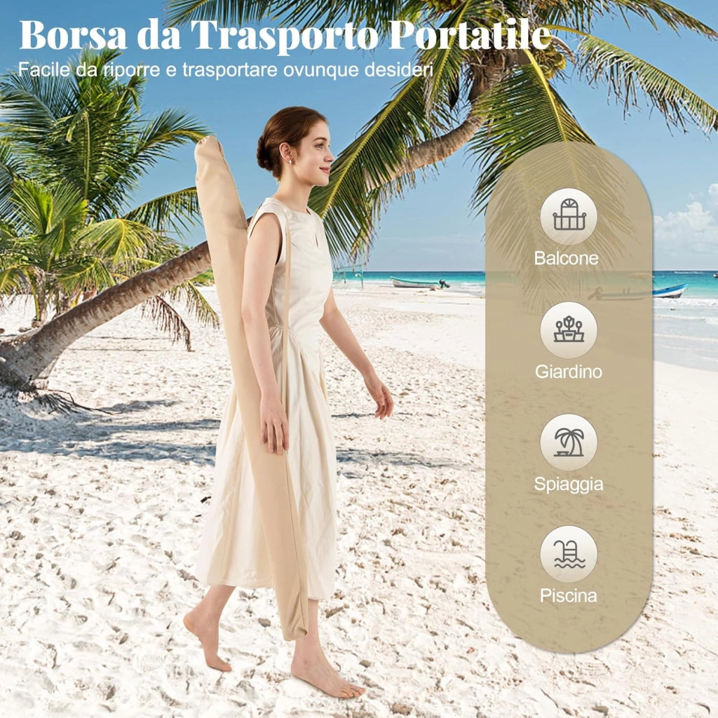 Ombrellone per Patio 213 X 140 cm, Ombrellone Rettangolare da Esterno con Inclinazione Regolabile, Borsa di Trasporto, Parasole Pieghevole per Veranda, Giardino, Piscina, Spiaggia (Beige)
