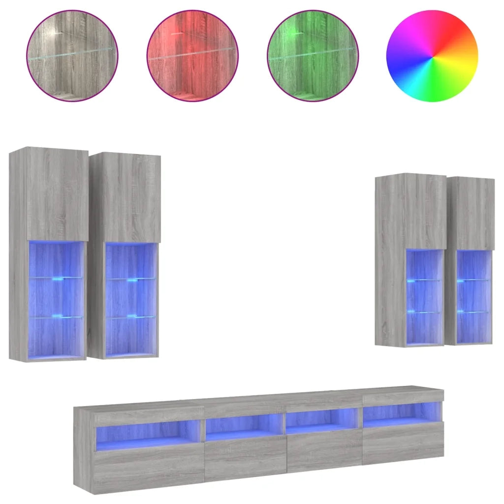 vidaXL Set Mobili TV a Muro 7 pz con Luci LED Grigio Sonoma