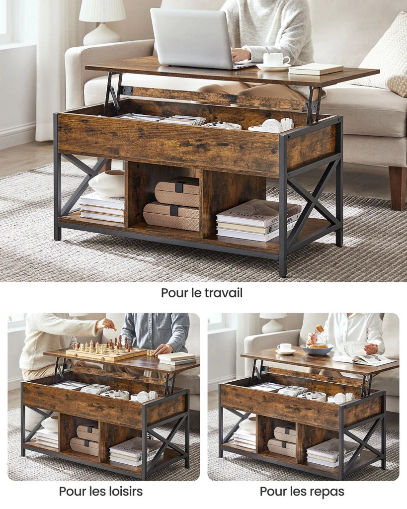 Tavolino da caffè con piano sollevabile vano portaoggetti nascosto e scomparti aperti struttura in acciaio 50 x 100 x 62 cm marrone rustico e nero 12_0007491