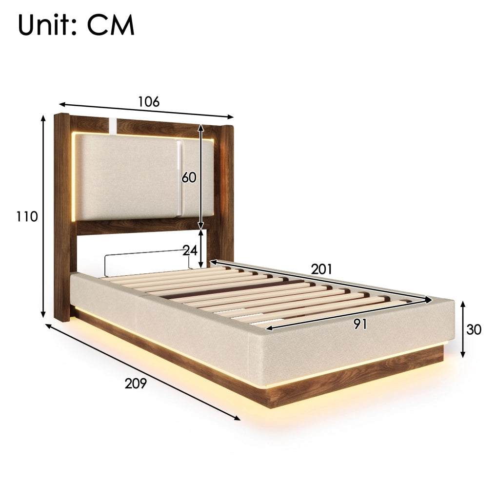 Letto singolo 90x200 cm in lino beige con LED; contenitore con alzata idraulica e rete a doghe