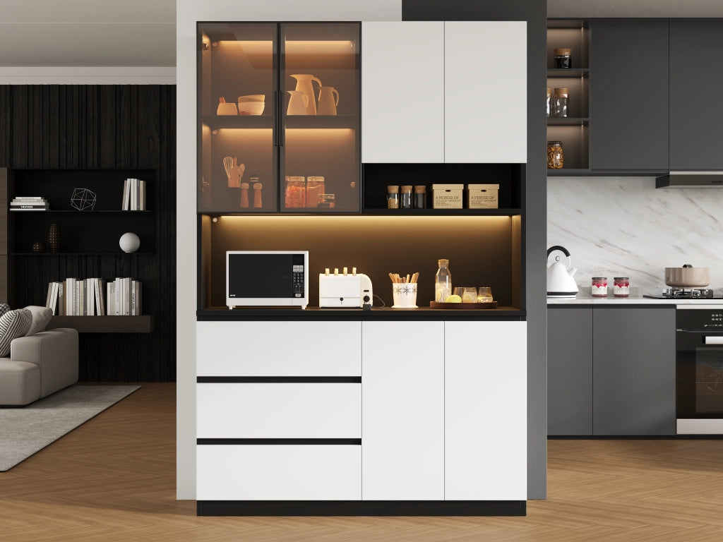 Credenza alta con LED, 6 ante, 3 cassetti e ripiani, per cucina e sala da pranzo, bianco e nero, 120.5 × 40 × 180 cm