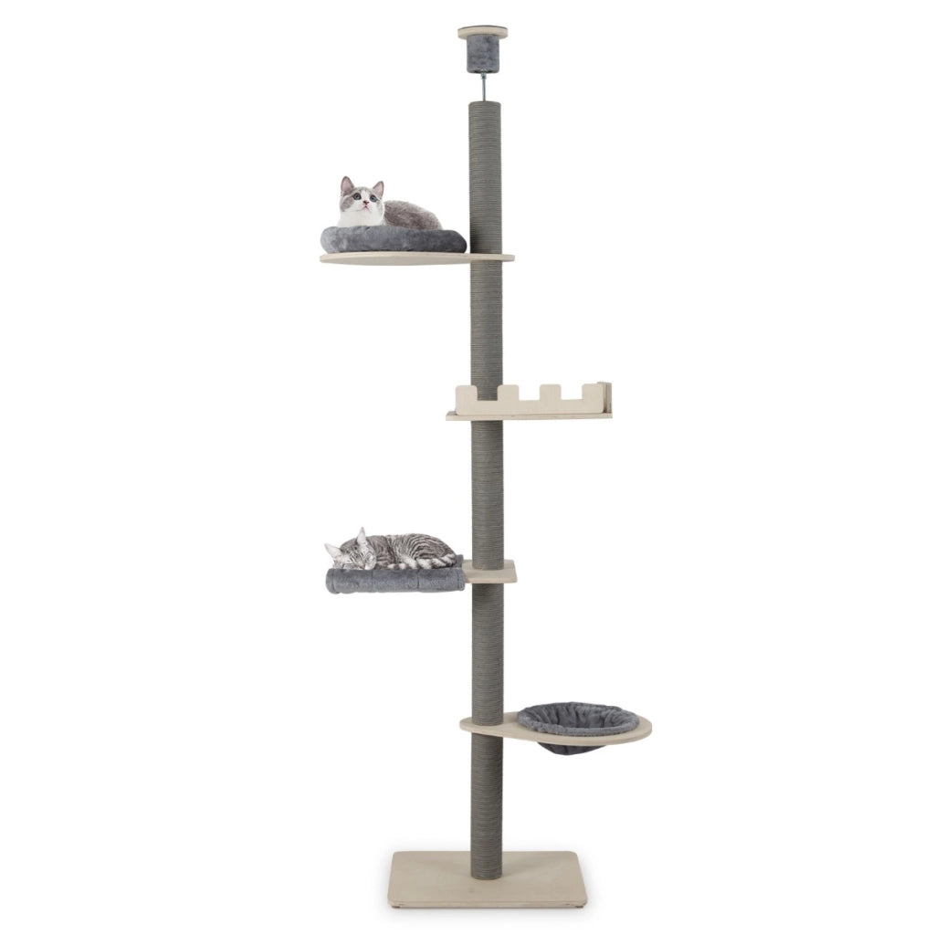 Albero per gatti a 5 piani da pavimento a soffitto torre in legno con piattaforma, Albero amaca e cuscini rimovibili