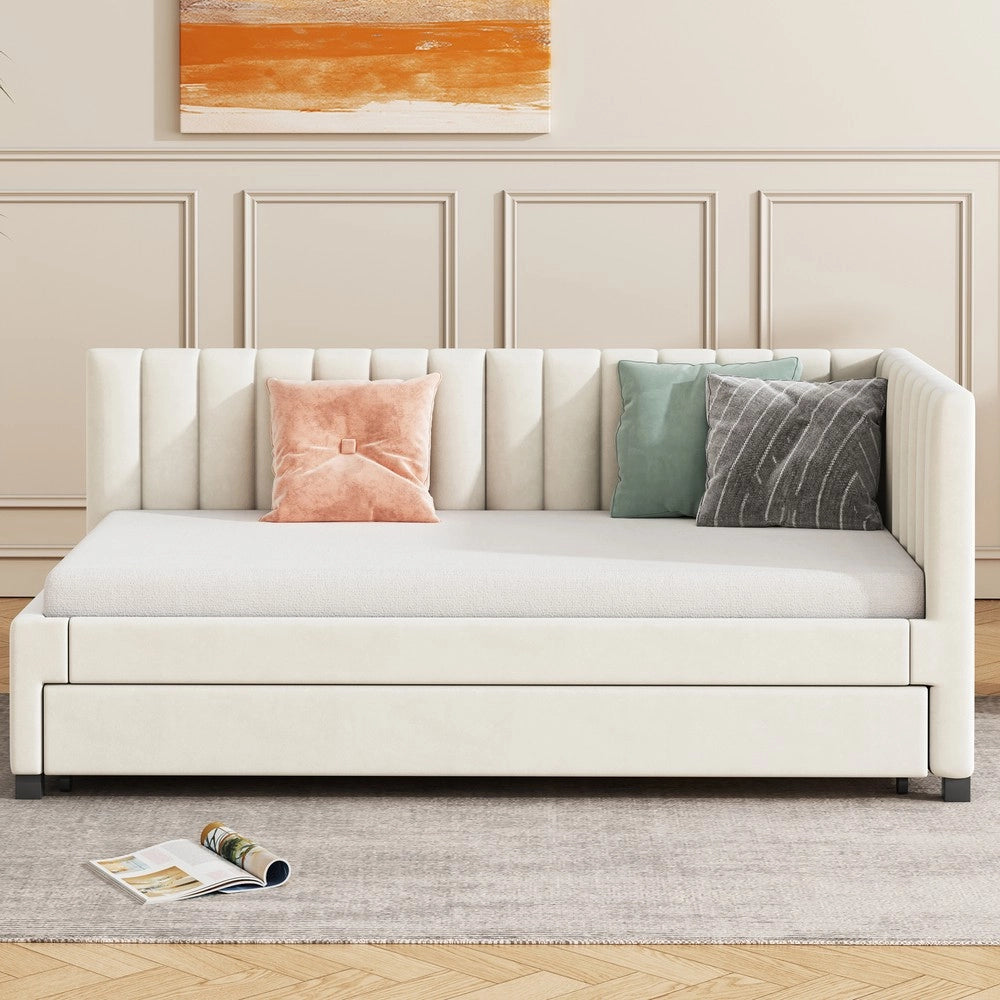 Letto Imbottito Singolo Estraibile con Rete a Doghe ¨C MINIMAL ¨C Velluto Beige 90x200