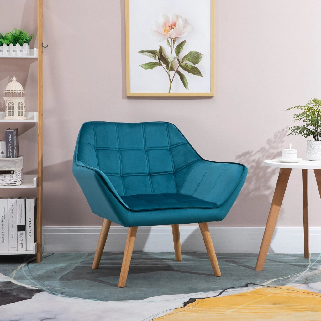 Poltrona Scandinava in Velluto e Legno ¨C Zephmum ¨C Petrolio 67x61.5x71cm
