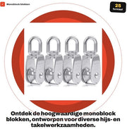 Blocco monoblocco in acciaio inossidabile 25 mm - Rullo M25 - Rotativo - Progettazione ergonomico - Capacità di sollevamento 150 kg - Rullo a cavo