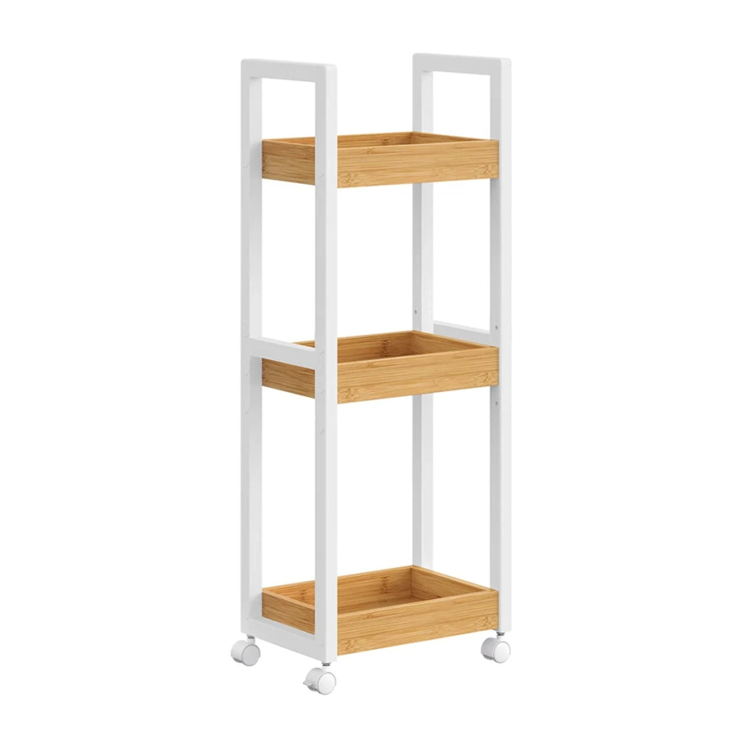 Carrello da bagno scaffale sottile da bagno carrello portaoggetti a 3 ripiani su ruote bambù salvaspazio 20 x 30 x 80 cm bianco 12_0005028