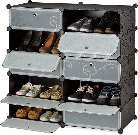 Cassettiere per scarpe con 10 contenitori e porte - HBD 90 x 94 x 37 cm - Nero grande