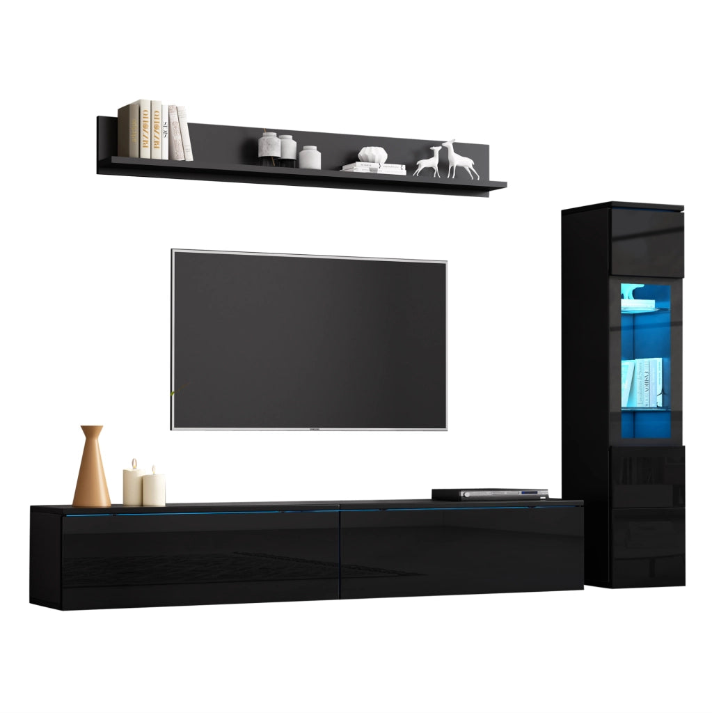 Parete attrezzata 3 pezzi con illuminazione LED RGB in truciolare nera