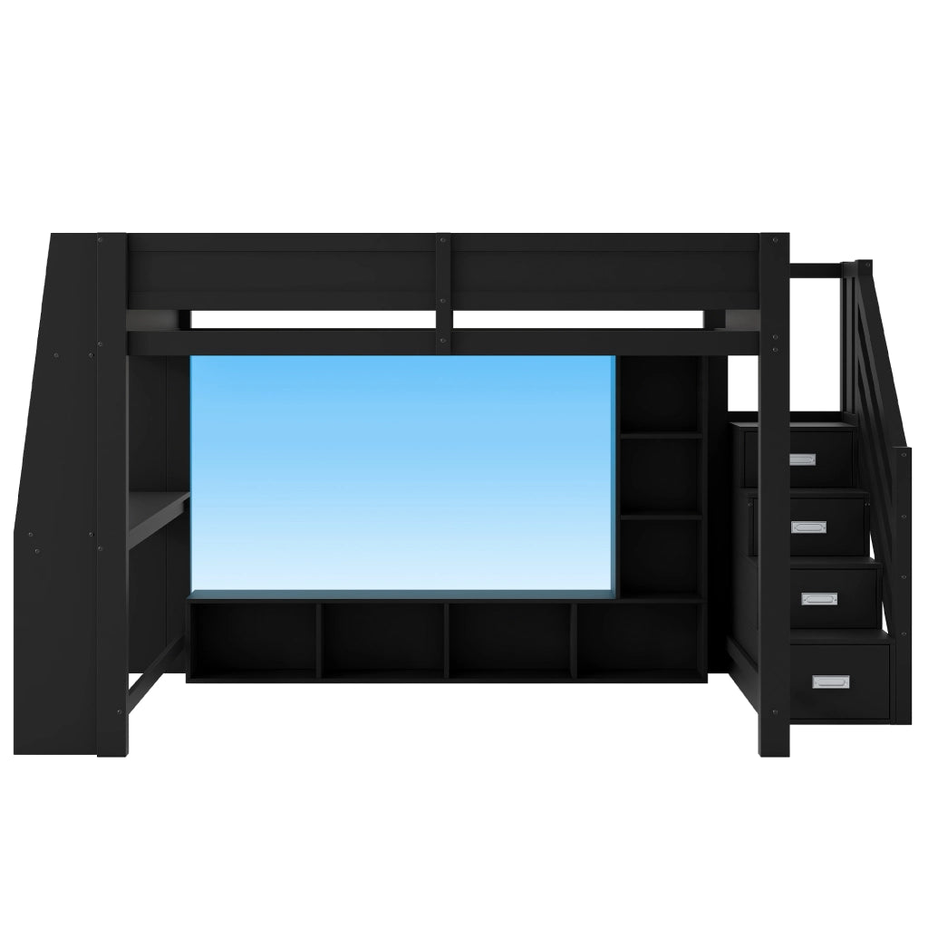 Letto alto in legno nero con scrivania stoccaggio a più livelli illuminazione led 140x200 cm