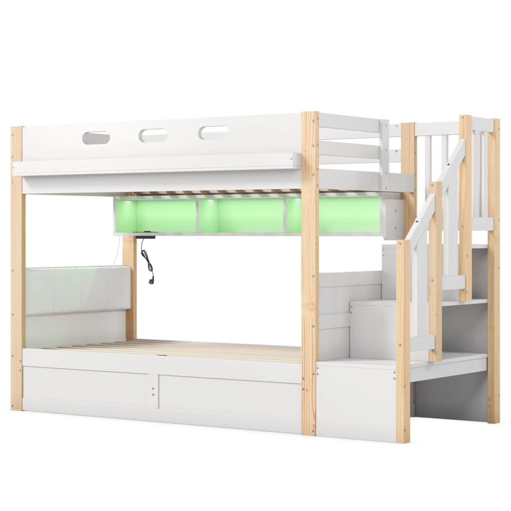 Letto a castello in legno massiccio 90x200 cm con scala contenitore, LED, USB e testiera imbottita, bianco