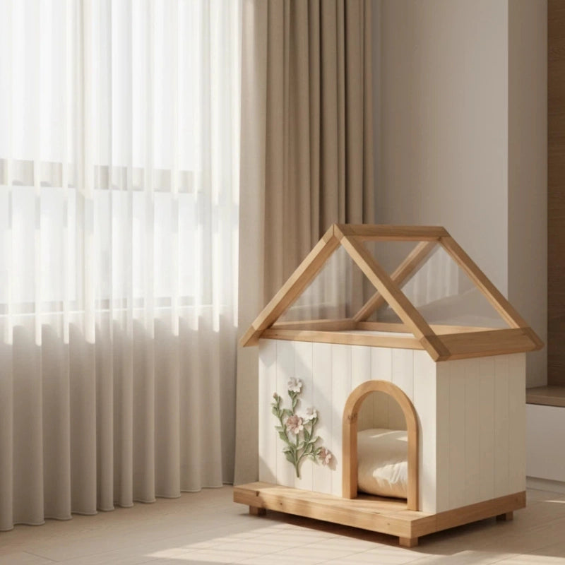 Casetta decorativa per gatti in legno massello FSC®, stile cottage, mobile indoor per gatti e cani di piccola taglia