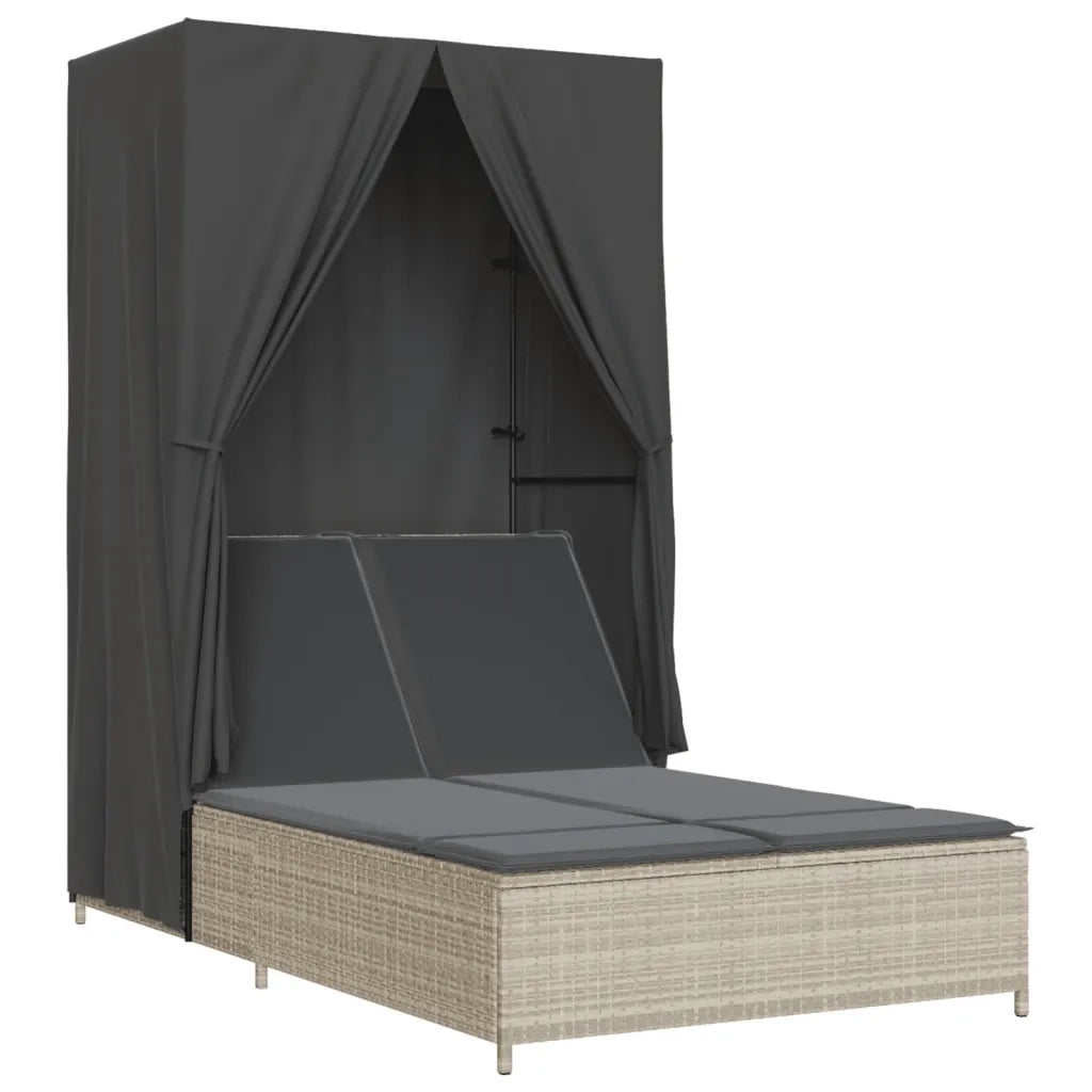 Lettino Prendisole | Sdraio da giardino | Lettino da sole Tetto e Tende Grigio Chiaro in Polyrattan