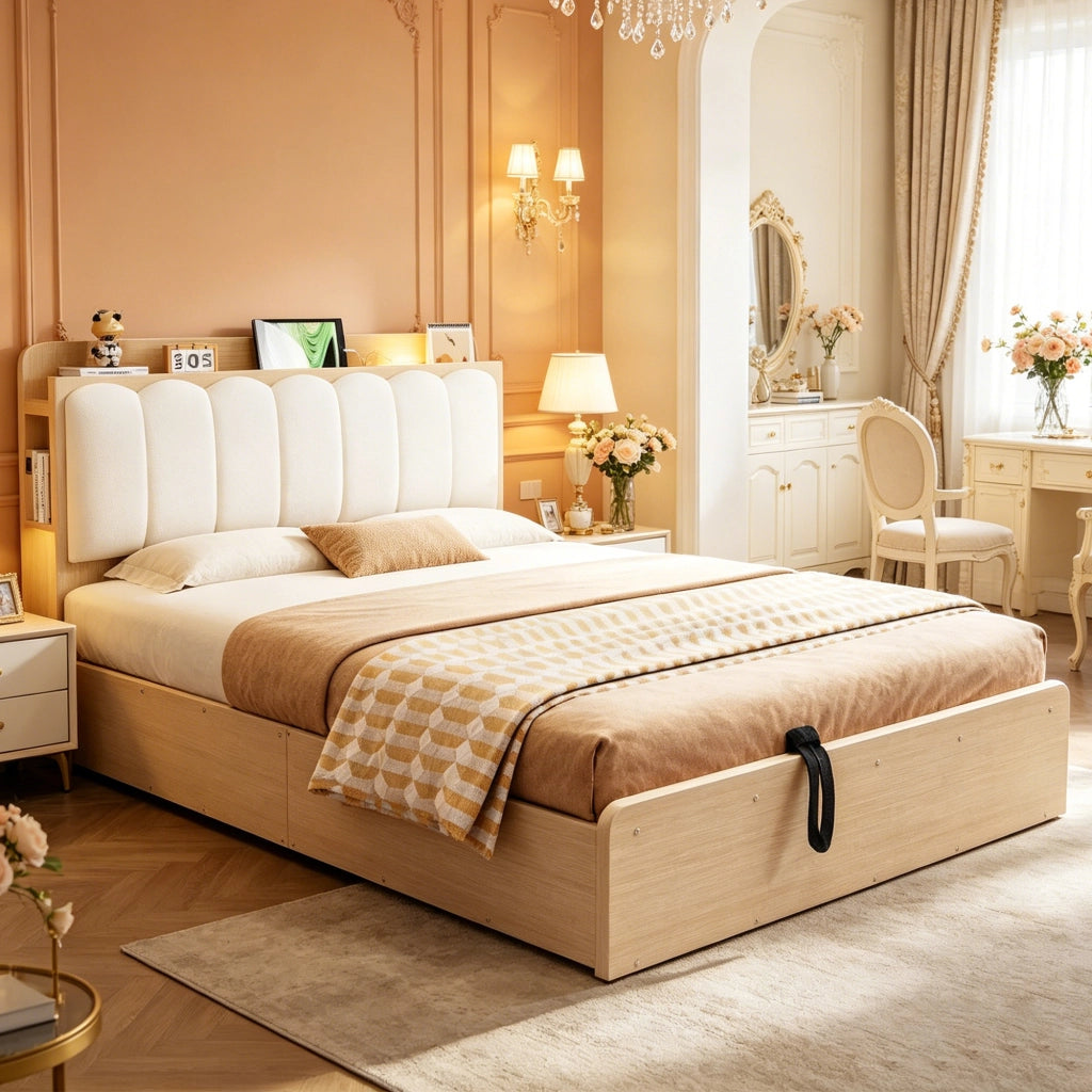 Letto contenitore 140 × 200 cm et 180 × 200 cm con testiera imbottita, USB, luce notturna, senza materasso, naturale