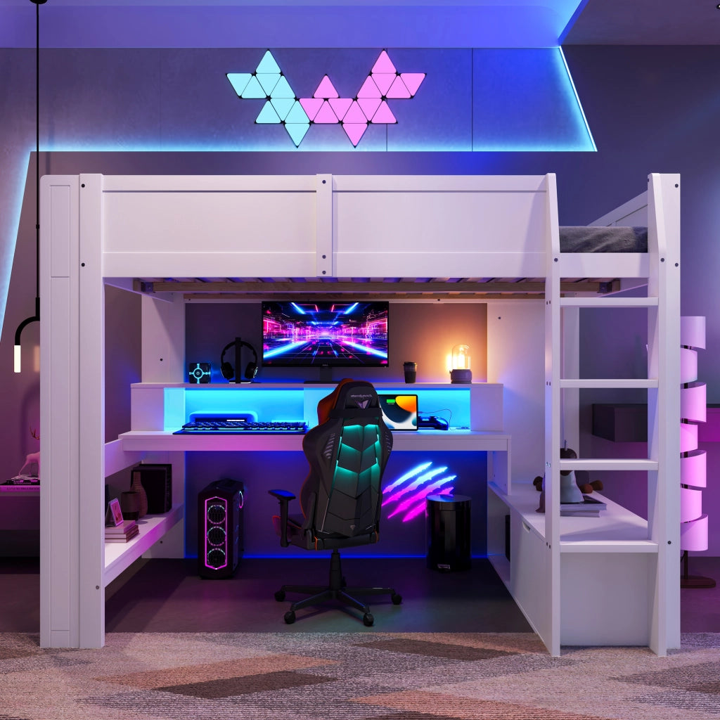 Letto a Soppalco Letto Matrimoniale con Scrivania; LED 16 Colori; Cassetto e Scaffali 140×200 cm; senza Materasso