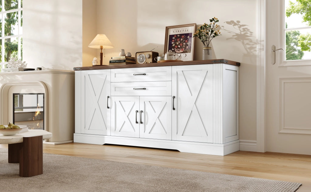 Madia con 4 ante 2 cassetti e ripiani regolabili per cucina soggiorno e ingresso bianco e noce 160 × 39 × 81,5 cm