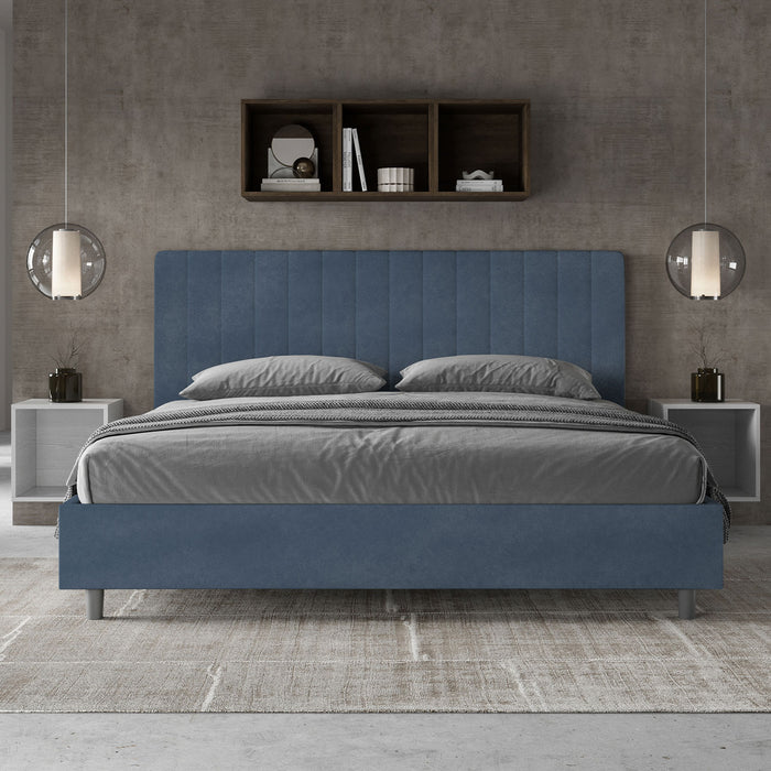 Letto Matrimoniale King Size 180x200 cm con Rete e Contenitore Imbottito in Microfibra Agueda Blu