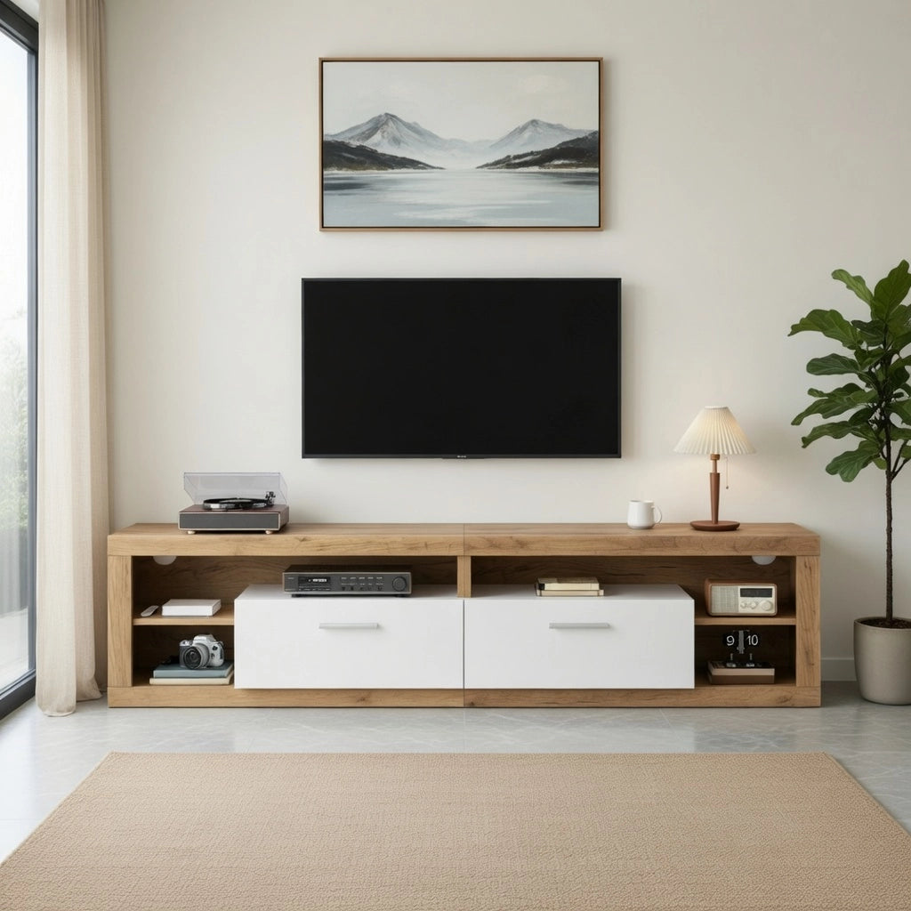 Cassettiera per TV 180 cm in truciolato colore legno naturale e bianco