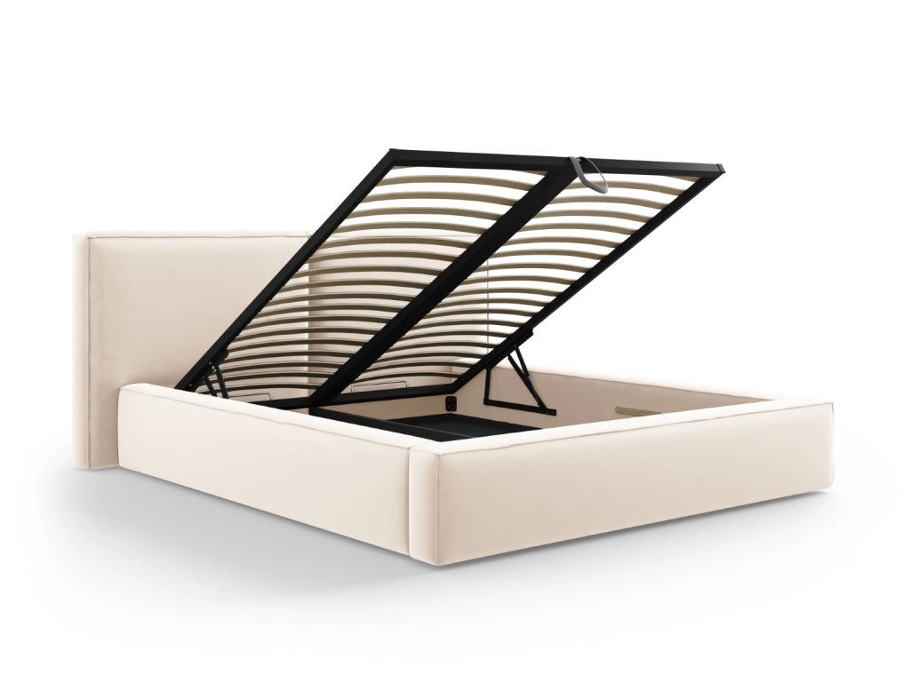 Cosmopolitan Design - Letto a cassettone con testiera doppia "Arendal" 160x200cm in velluto beige chiaro 