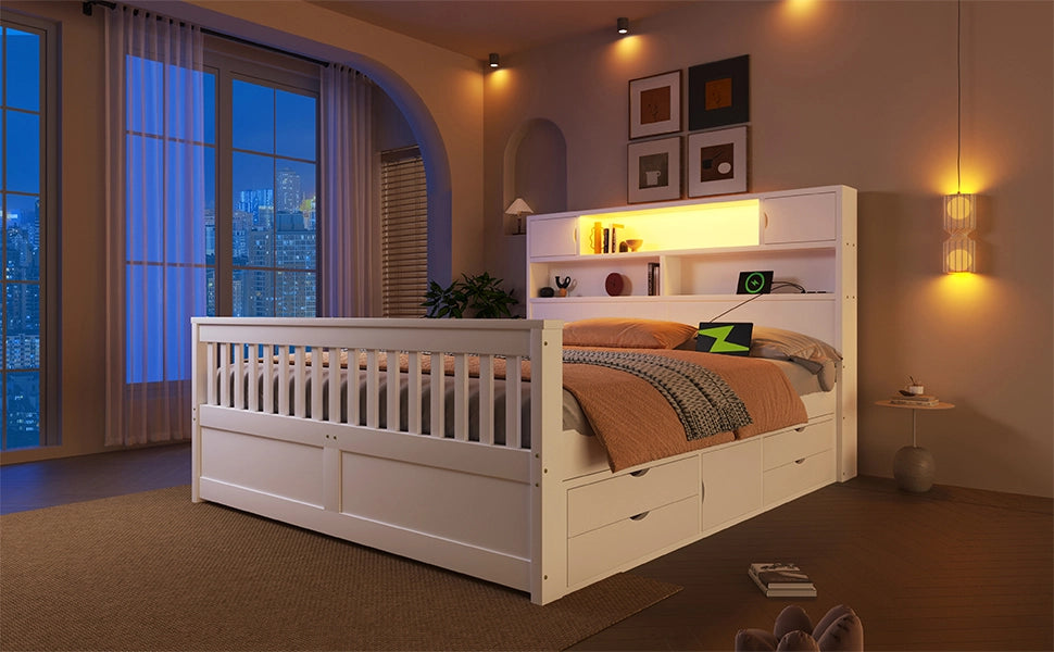 DESMIU Letto piattaforma 160 × 200 cm 2 posti con LED, USB, 4 cassetti, senza materasso, in MDF e compensato, bianco