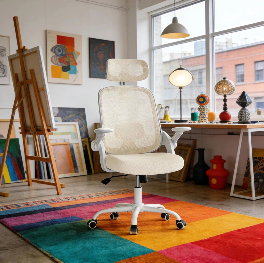 Sedia da ufficio ergonomica beige con schienale alto e supporto lombare